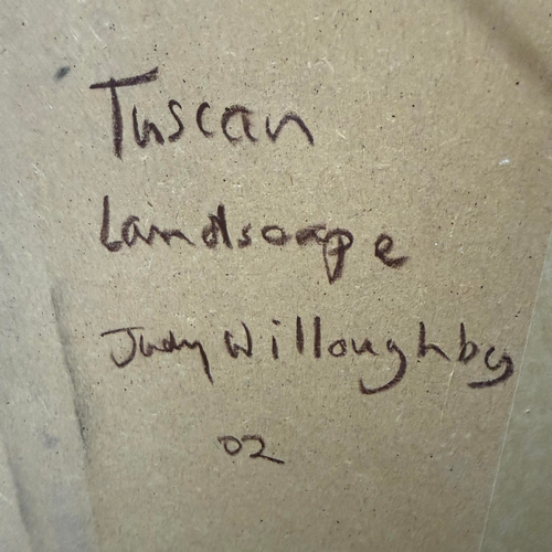 35 - JUDY WILLOUGHBY (BRITISH B.1949). TUSCAN LANDSCAPE. oil on board, 77cm x 123cm, framed.