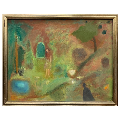 36 - JUDY WILLOUGHBY (BRITISH B.1949). SHADOW GARDEN. oil on canvas, 80cm x 98cm, framed.