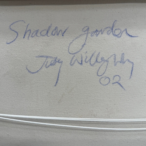 36 - JUDY WILLOUGHBY (BRITISH B.1949). SHADOW GARDEN. oil on canvas, 80cm x 98cm, framed.