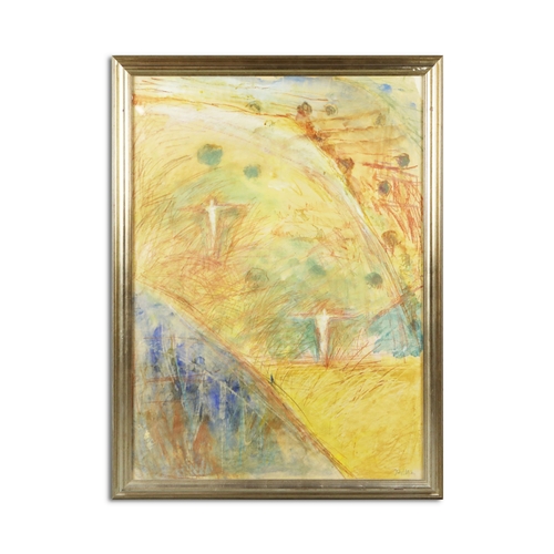 37 - JUDY WILLOUGHBY (BRITISH B.1949). LANDSCAPE. mixed media on paper, 108cm x 84cm, framed.