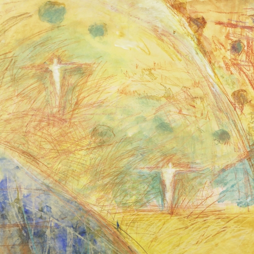 37 - JUDY WILLOUGHBY (BRITISH B.1949). LANDSCAPE. mixed media on paper, 108cm x 84cm, framed.