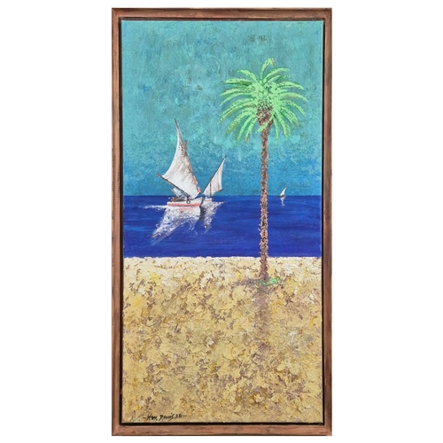 43 - KEN DAVIS. TRANQUILITY (LIBYA). acrylic on canvas, 106cm x 55cm, framed.