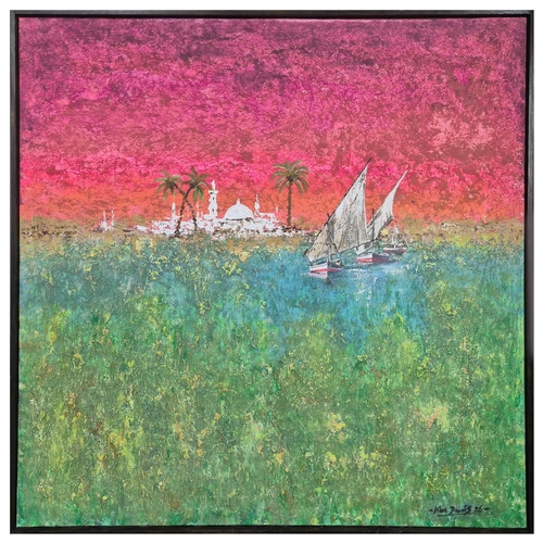 44 - KEN DAVIS. TRADITIONAL FELUCCAS NEAR ASWAN. acrylic on canvas, 102cm x 102cm, framed.