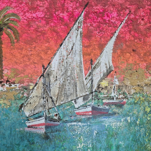 44 - KEN DAVIS. TRADITIONAL FELUCCAS NEAR ASWAN. acrylic on canvas, 102cm x 102cm, framed.