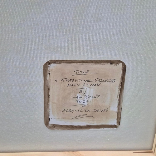 44 - KEN DAVIS. TRADITIONAL FELUCCAS NEAR ASWAN. acrylic on canvas, 102cm x 102cm, framed.