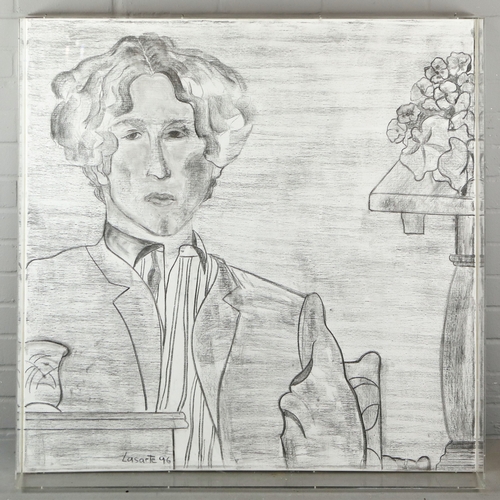 46 - MERCEDES LASARTE (ARGENTINIAN B.1941). PORTRAIT OF BORJA THYSSEN. 1996, charcoal on canvas, signed a... 