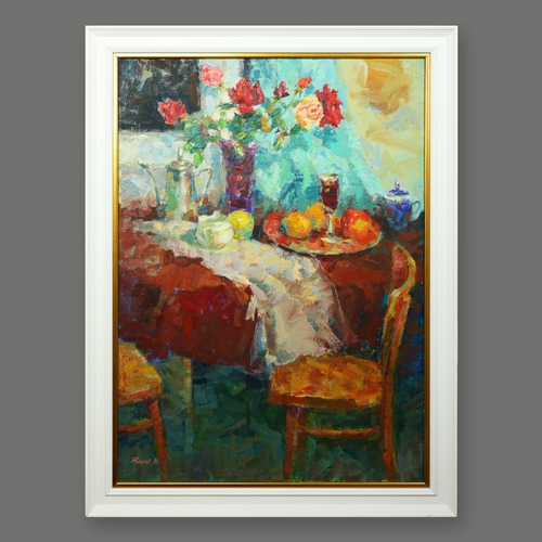 52 - MIKHAIL ZHAROV (21ST CENTURY). FLOWERS AND FRUIT ON THE TABLE. 1970, oil on canvas, 102cm x 78cm, fr... 