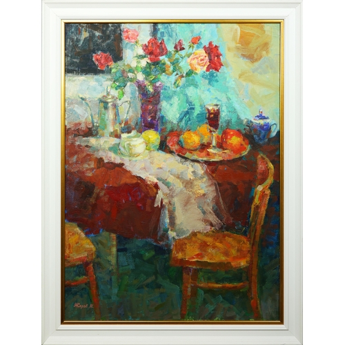 52 - MIKHAIL ZHAROV (21ST CENTURY). FLOWERS AND FRUIT ON THE TABLE. 1970, oil on canvas, 102cm x 78cm, fr... 