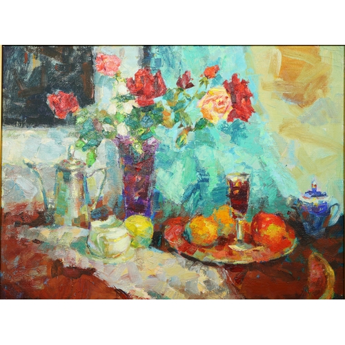 52 - MIKHAIL ZHAROV (21ST CENTURY). FLOWERS AND FRUIT ON THE TABLE. 1970, oil on canvas, 102cm x 78cm, fr... 