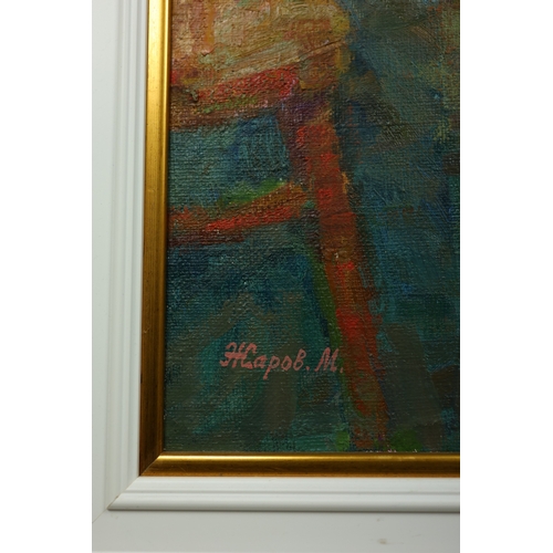 52 - MIKHAIL ZHAROV (21ST CENTURY). FLOWERS AND FRUIT ON THE TABLE. 1970, oil on canvas, 102cm x 78cm, fr... 