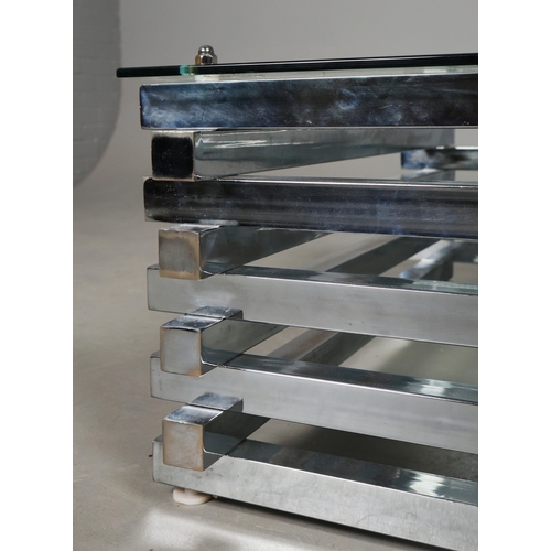 571 - ATTRIBUTED TO ANDREW MARTIN CHROME LOG COFFEE TABLE. 89.5cm x 120cm x 40cm approx.
