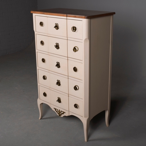 578 - ROCHE BOBOIS FIVE DRAWER CHEST. painted antiqued finish 115cm t x 70 cm w x 40 cm d.