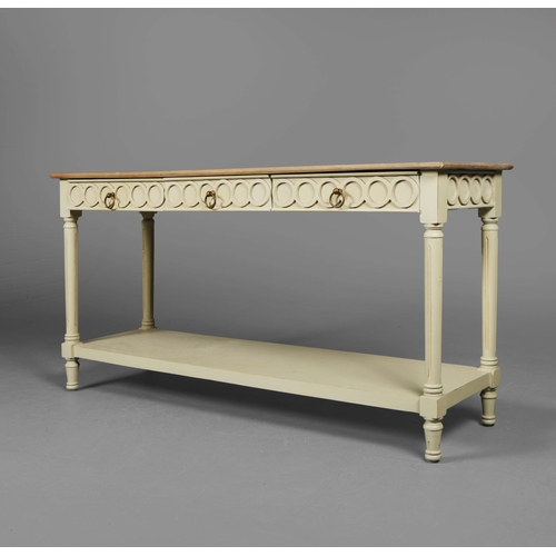 595 - OKA CERCLE CONSOLE TABLE. With painted base and three drawers 76cm H x 145cm W x 46cm D.