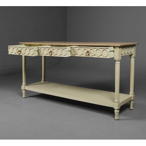 595 - OKA CERCLE CONSOLE TABLE. With painted base and three drawers 76cm H x 145cm W x 46cm D.