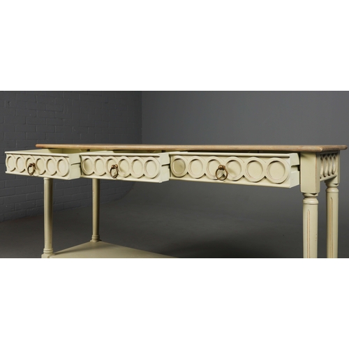 595 - OKA CERCLE CONSOLE TABLE. With painted base and three drawers 76cm H x 145cm W x 46cm D.