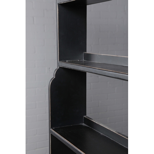 596 - OKA WATERFALL BOOKCASE. black, with distressed edges 205cm t x 90 cm w x 26 cm d.