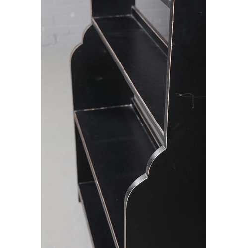 596 - OKA WATERFALL BOOKCASE. black, with distressed edges 205cm t x 90 cm w x 26 cm d.