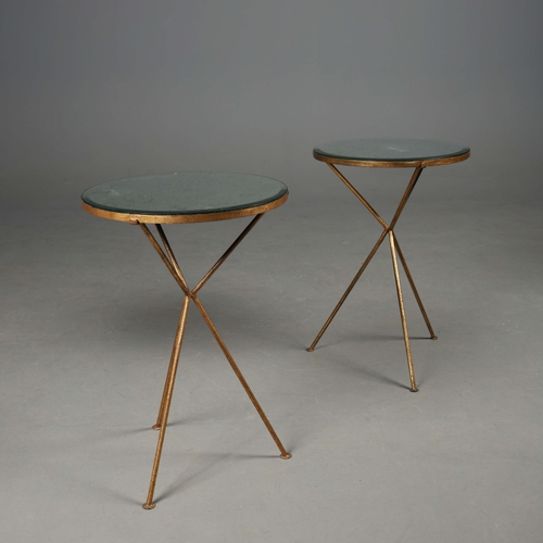 597 - OKA TRIOMPHE TRIPOD SIDE TABLES, A PAIR. With mirrored glass tops 64cm H x 43cm W.