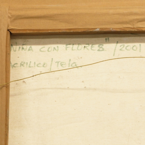 6 - ORLANDO BOFFILL HERNANDEZ (CUBAN B.1964). NINA CON FLORES. oil on canvas, 69cm x 59cm, framed.