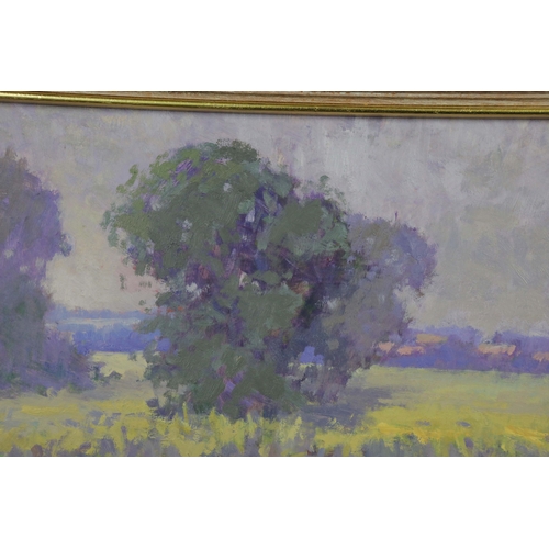 61 - OLIVER WARMAN (1932-2017). EVENING LIGHT - OATFIELD RIBERAC. oil on board, image 24cm x 29cm, framed... 