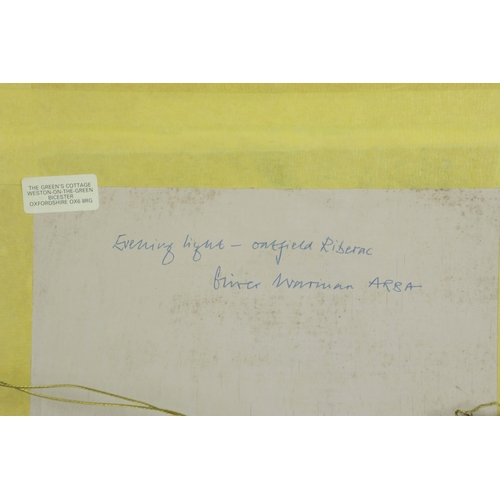 61 - OLIVER WARMAN (1932-2017). EVENING LIGHT - OATFIELD RIBERAC. oil on board, image 24cm x 29cm, framed... 