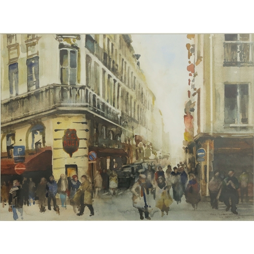 64 - ALAN HEPBURN WATERCOLOURS, A PAIR. Parisian street scenes, bears Mall Galleries label to verso , eac... 