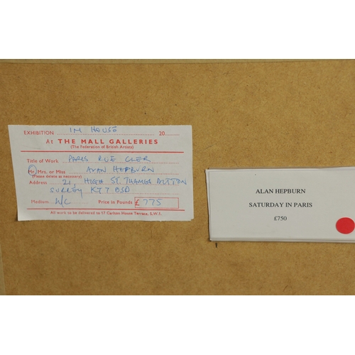 64 - ALAN HEPBURN WATERCOLOURS, A PAIR. Parisian street scenes, bears Mall Galleries label to verso , eac... 