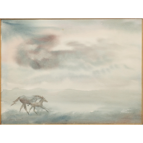 70 - JOANNA HOWELL. HORSES. watercolour, 41cm x 50cm, framed.