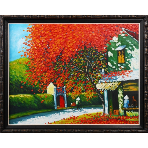 73 - CONTEMPORARY SCHOOL, ASIAN STREET SCENE WITH TREE. on canvas, in a distressed faux bamboo frame, ove... 