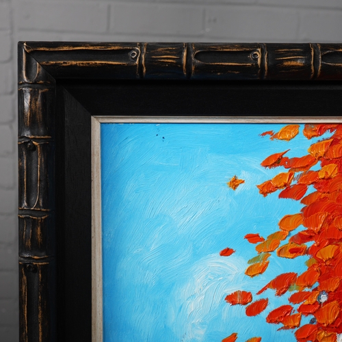 73 - CONTEMPORARY SCHOOL, ASIAN STREET SCENE WITH TREE. on canvas, in a distressed faux bamboo frame, ove... 