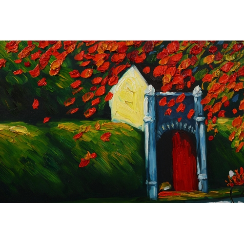 73 - CONTEMPORARY SCHOOL, ASIAN STREET SCENE WITH TREE. on canvas, in a distressed faux bamboo frame, ove... 