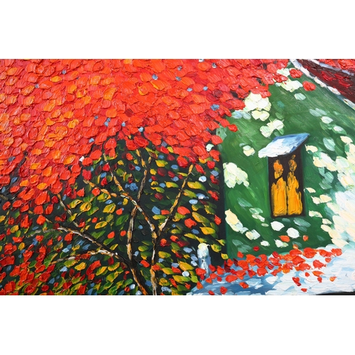 73 - CONTEMPORARY SCHOOL, ASIAN STREET SCENE WITH TREE. on canvas, in a distressed faux bamboo frame, ove... 