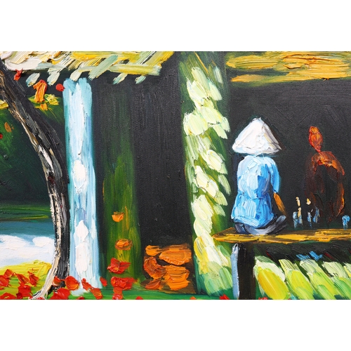 73 - CONTEMPORARY SCHOOL, ASIAN STREET SCENE WITH TREE. on canvas, in a distressed faux bamboo frame, ove... 