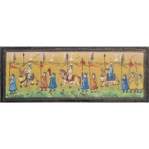 74 - MUGHAL SCHOOL. COURT PROCESSION. Gouache on Silk, 11cms x 30cms, Framed.