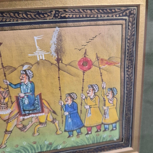 74 - MUGHAL SCHOOL. COURT PROCESSION. Gouache on Silk, 11cms x 30cms, Framed.