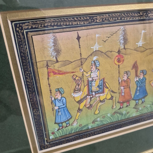 74 - MUGHAL SCHOOL. COURT PROCESSION. Gouache on Silk, 11cms x 30cms, Framed.