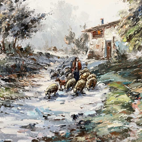75 - 20TH CENTURY SCHOOL. SHEPHERD WITH HIS FLOCK. oil on canvas, indistinctly signed, 86cm x 114cm, fram... 