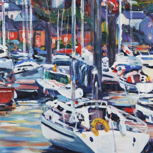 76 - HARBOUR SCENE WITH BOATS. oil on canvas, signed and dated bottom right, framed, 67 cm H x 56 cm W (f... 