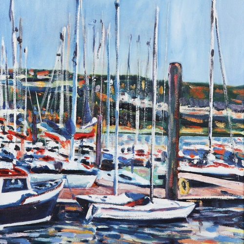77 - HARBOUR SCENE WITH BOATS. oil on canvas, signed and dated bottom right, framed, 67 cm H x 56 cm W (f... 