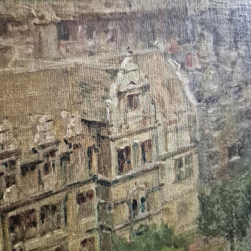 87 - ERNEST ALFRED SALLIS BENNEY (1894-1966). OXFORD FROM TRINITY COLLEGES CHAPEL. Oil on Board, 35cms x ... 