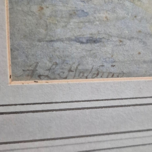 89 - A. L. HOLDING (1880-1940). STILL LIFE WITH PEACHES AND GRAPES. Watercolour, 15cms x 25cms, signed, f... 