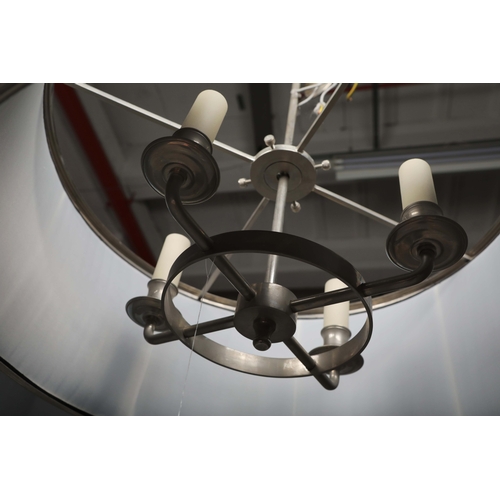 12 - CHARLES EDWARDS HANGING SILK DRUM SHADE LIGHT. 85cm t x 50 cm w approx.