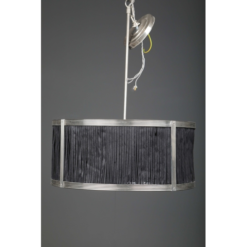 12 - CHARLES EDWARDS HANGING SILK DRUM SHADE LIGHT. 85cm t x 50 cm w approx.