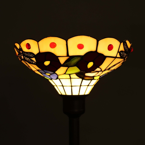 130 - TIFFANY STYLE FLOOR STANDING LAMP. the bowl-shaped shade with floral and dragonfly decoration, raise... 