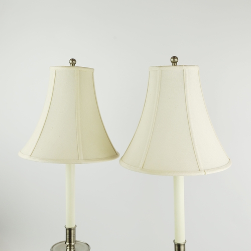 135 - CANDLE STICK FORM TABLE LAMPS, A PAIR. with shades, 75cm H approx. (2).
