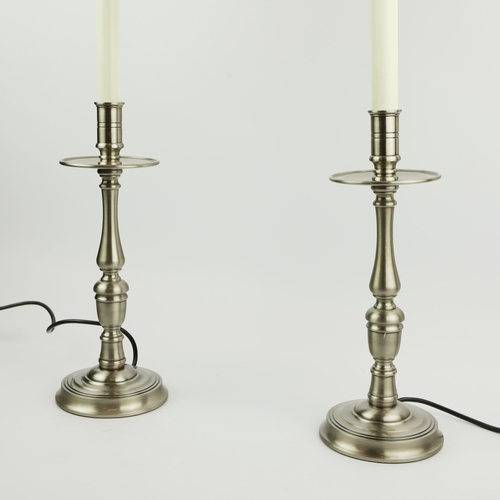 135 - CANDLE STICK FORM TABLE LAMPS, A PAIR. with shades, 75cm H approx. (2).