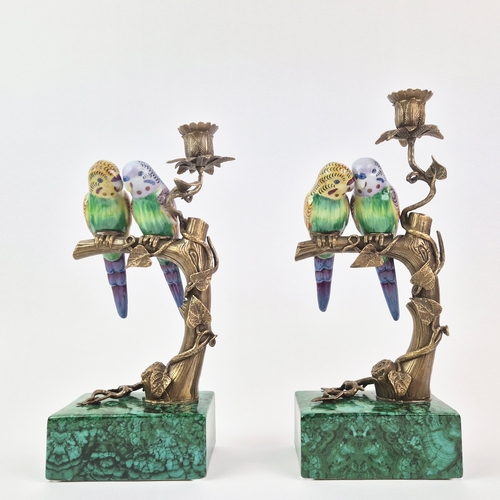 136 - CANDLESTICKS, A PAIR. in the form of birds sitting in trees, 30cm H approx.