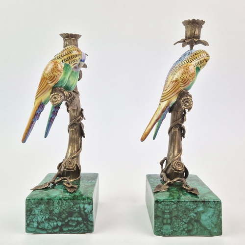 136 - CANDLESTICKS, A PAIR. in the form of birds sitting in trees, 30cm H approx.