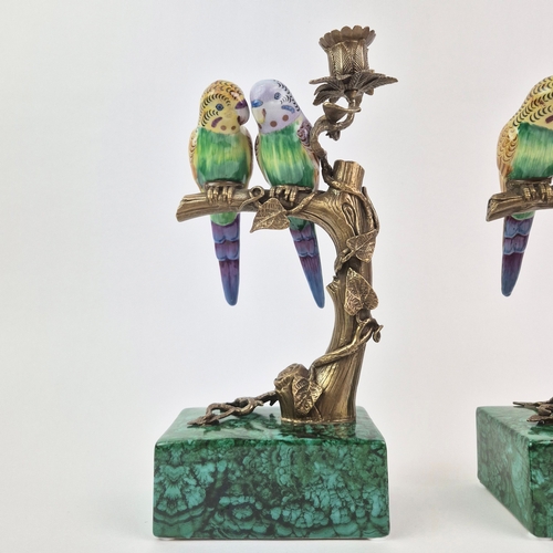 136 - CANDLESTICKS, A PAIR. in the form of birds sitting in trees, 30cm H approx.