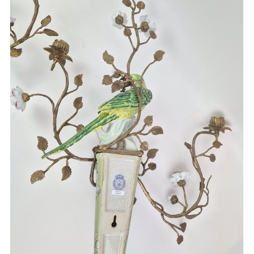 137 - PARROT WALL SCONCES, A PAIR. ceramic and gilt metal, floral detail, 65cm H approx. (2).